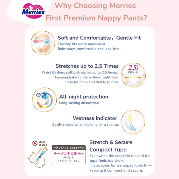 KAO Merries - First Premium - Medium Nappy Pants for 6-11Kg - Size M - 46 pieces