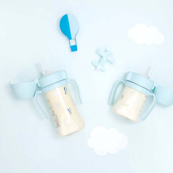 Grosmimi - PPSU Straw Cup With Steel Free One Touch Cap 200ml - Creamy Blue-Panda Kids and Baby