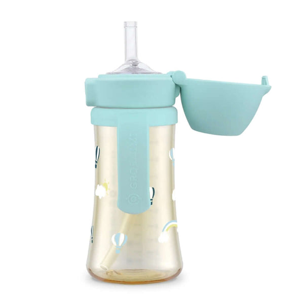 Grosmimi - PPSU Straw Cup With Steel Free One Touch Cap 300ml - Creamy Blue-Panda Kids and Baby