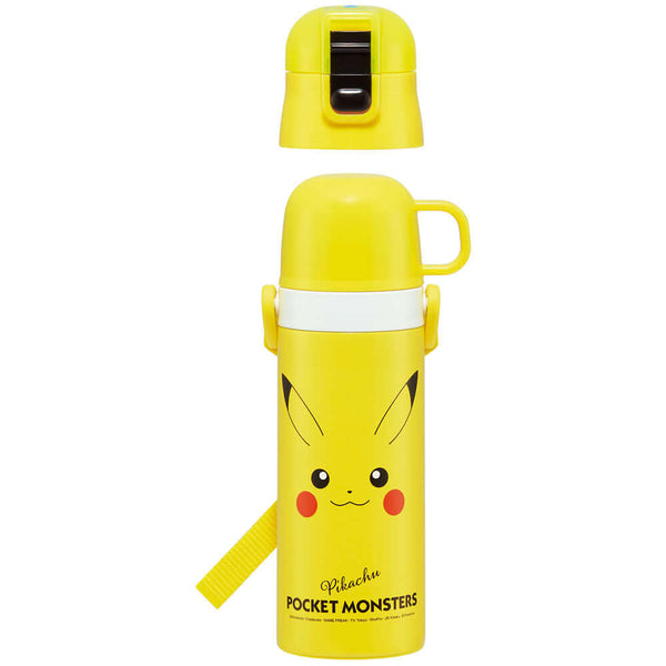 Skater - One Push Stainless Still 2 WayDrink Bottle 470ml for Direct Drink or 430ml with Cup - Pikachu-Panda Kids and Baby