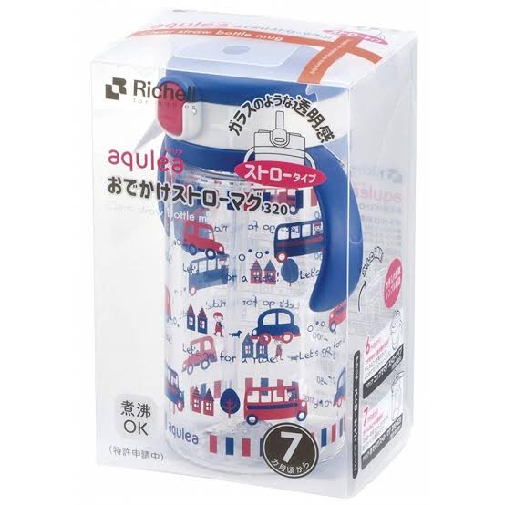Richell - Aqulea AQ Clear Straw Bottle Mug 320ml - NavyBlue-Panda Kids and Baby