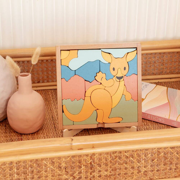 STELLAVAN & PAPA - Coen the Kangaroo 3 in 1 Kids Wooden Block Puzzle-Panda Kids and Baby