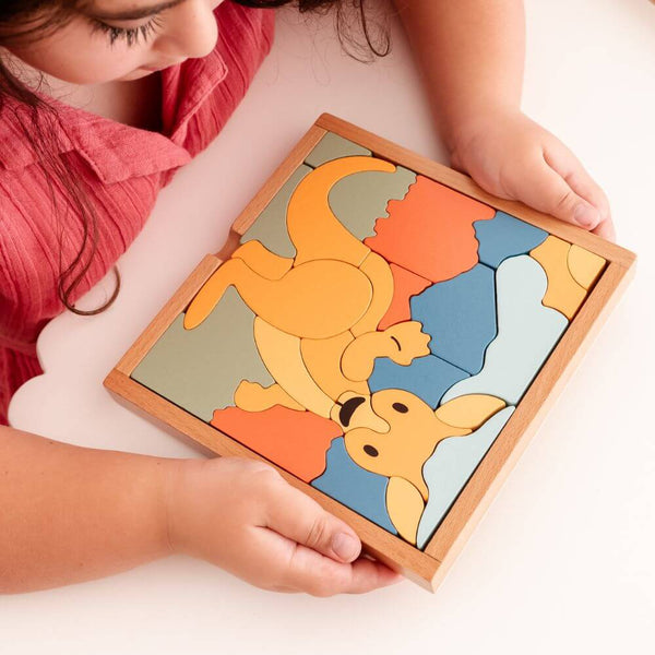 STELLAVAN & PAPA - Coen the Kangaroo 3 in 1 Kids Wooden Block Puzzle-Panda Kids and Baby