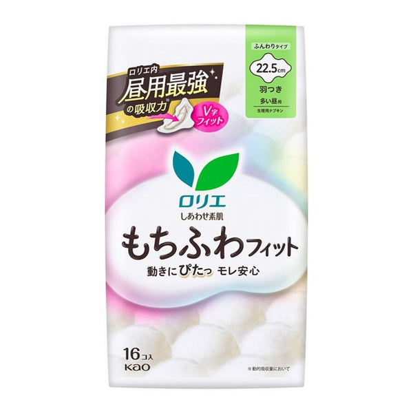 KAO Laurier - Happy Skin Mochifuwa Fit For Heavy Flow Daytime Use - 22.5 cm, With Wings, 16 pcs