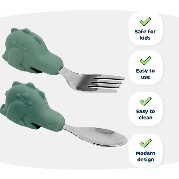 Tiny Twinkle - Stainless Training Utensils-Olive Dino