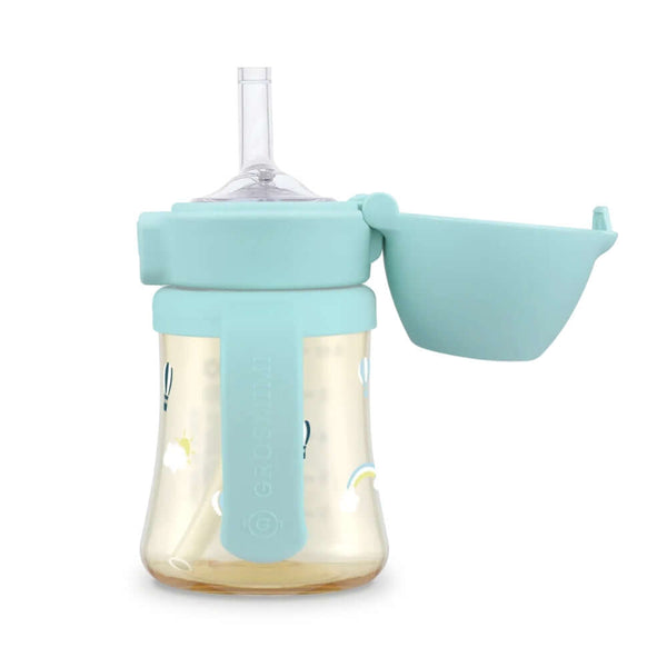 Grosmimi - PPSU Straw Cup With Steel Free One Touch Cap 200ml - Creamy Blue-Panda Kids and Baby