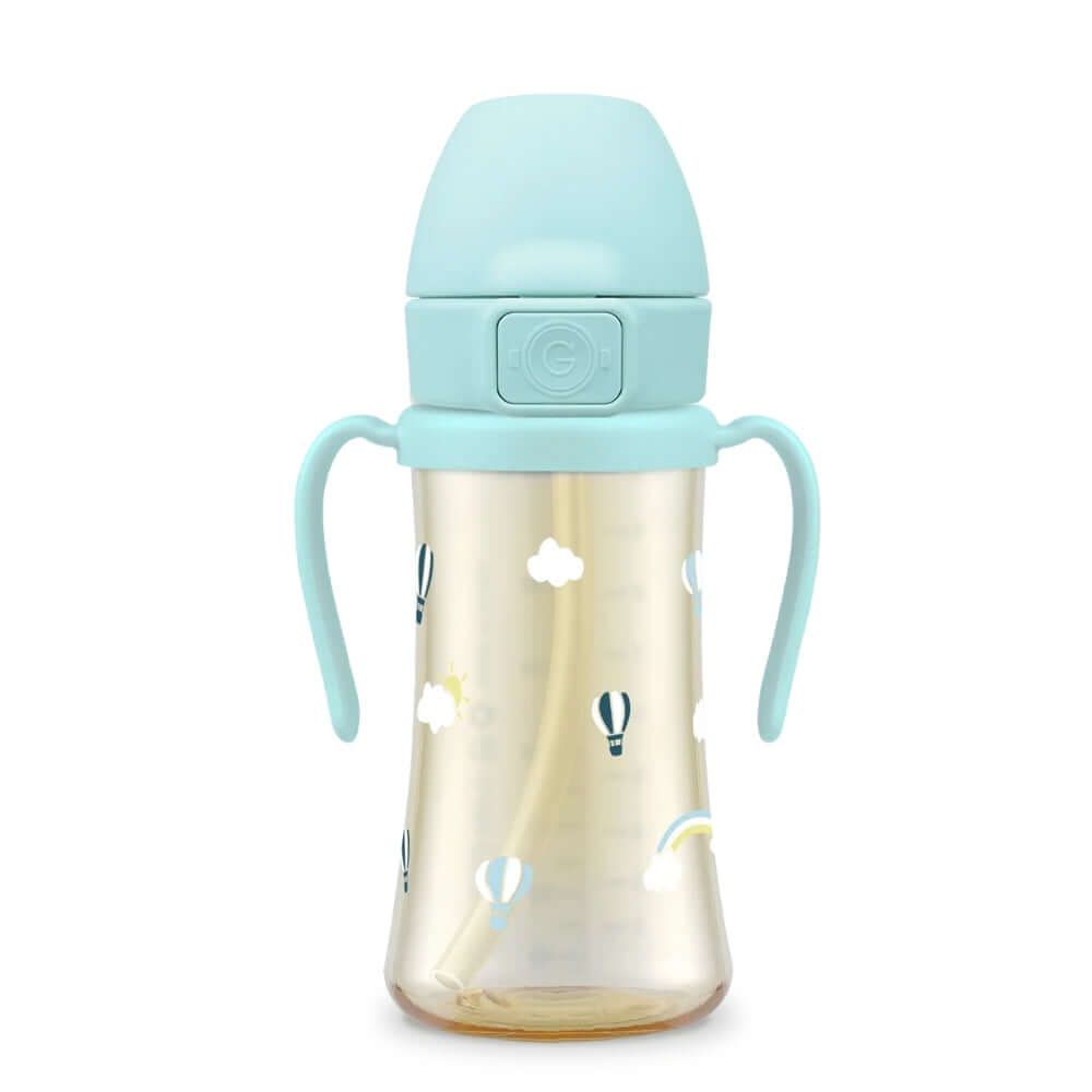Grosmimi - PPSU Straw Cup With Steel Free One Touch Cap 300ml - Creamy Blue-Panda Kids and Baby