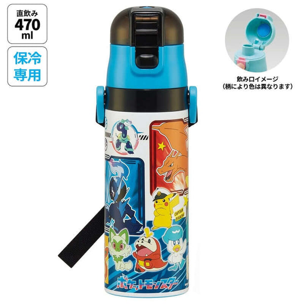 Skater - One Push Stainless Still Direct Drink Bottle with Mini Strap 470ml - Pokemon-Panda Kids and Baby
