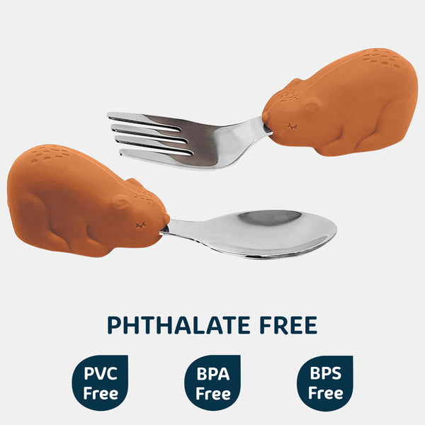 Tiny Twinkle - Silicone Stainless Training Utensils - Cinnamon Bear-Panda Kids and Baby