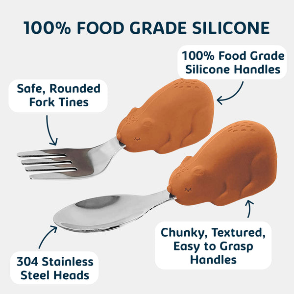 Tiny Twinkle - Silicone Stainless Training Utensils - Cinnamon Bear-Panda Kids and Baby