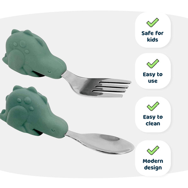 Tiny Twinkle - Silicone Stainless Training Utensils-Olive Dino-Panda Kids and Baby