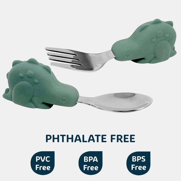 Tiny Twinkle - Silicone Stainless Training Utensils-Olive Dino-Panda Kids and Baby