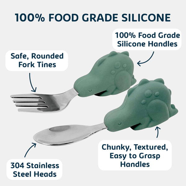 Tiny Twinkle - Silicone Stainless Training Utensils-Olive Dino-Panda Kids and Baby