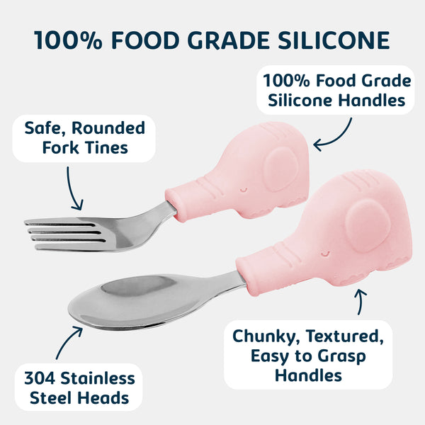 Tiny Twinkle - Silicone Stainless Training Utensils - Pink Elephant-Panda Kids and Baby