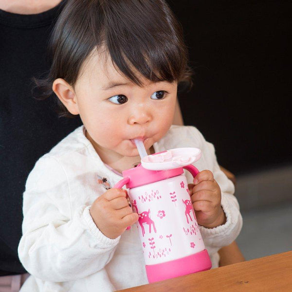 Richell - T.L.I Stainless Straw Bottle Mug New Version -300ml - Pink Deer-Panda Kids and Baby
