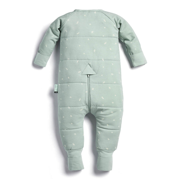 back of pale green coloured onesie with small patterns of sage leaves around it