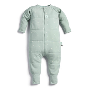 front of pale green coloured onesie with small patterns of sage leaves around it