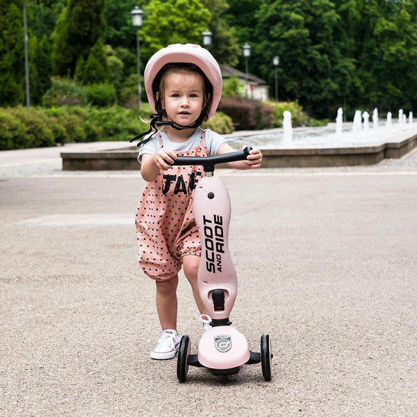 Scoot & Ride - Highwaykick 1 Children Adjustable Seated or Standing 2-in-1  Scooter Including Safety Pads (Rose) - For Ages 1-5