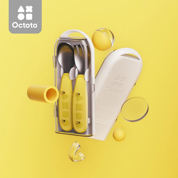 Octoto - Kids Travel Stainless Steel Fork and Spoon Set - Yellow Feeding Octoto Yellow 