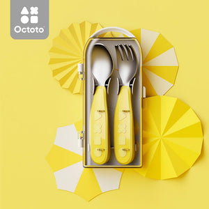 Octoto - Kids Travel Stainless Steel Fork and Spoon Set - Yellow Feeding Octoto 