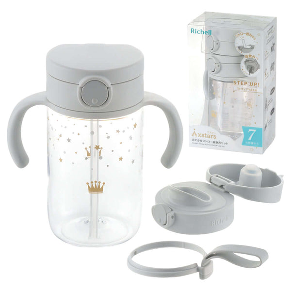 Richell - Axstars Odekake Mug Straw Direct Drinking Set - Light Gray-Panda Kids and Baby