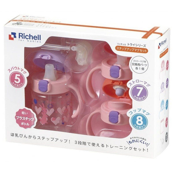 Richell - Three-way TLI Step-Up Mug Water Bottle Richell Pink Rabbit Set 