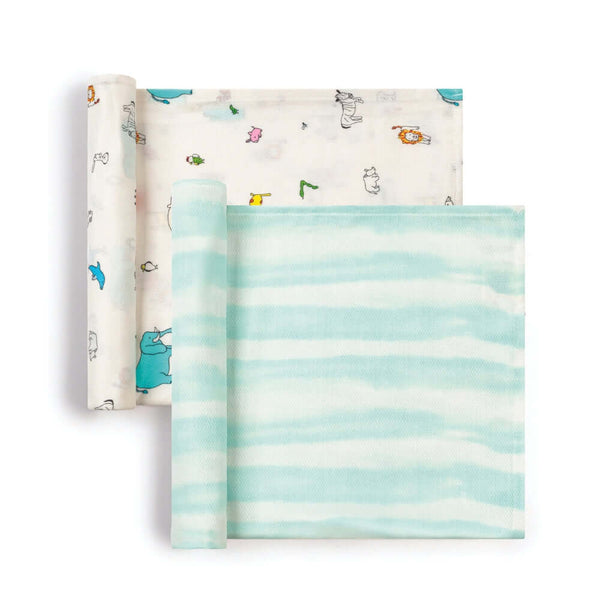 Tiny Twinkle - Kaffle™ Swaddle Blanket 2 Pack - Zoo & Ocean Stripe-Panda Kids and Baby