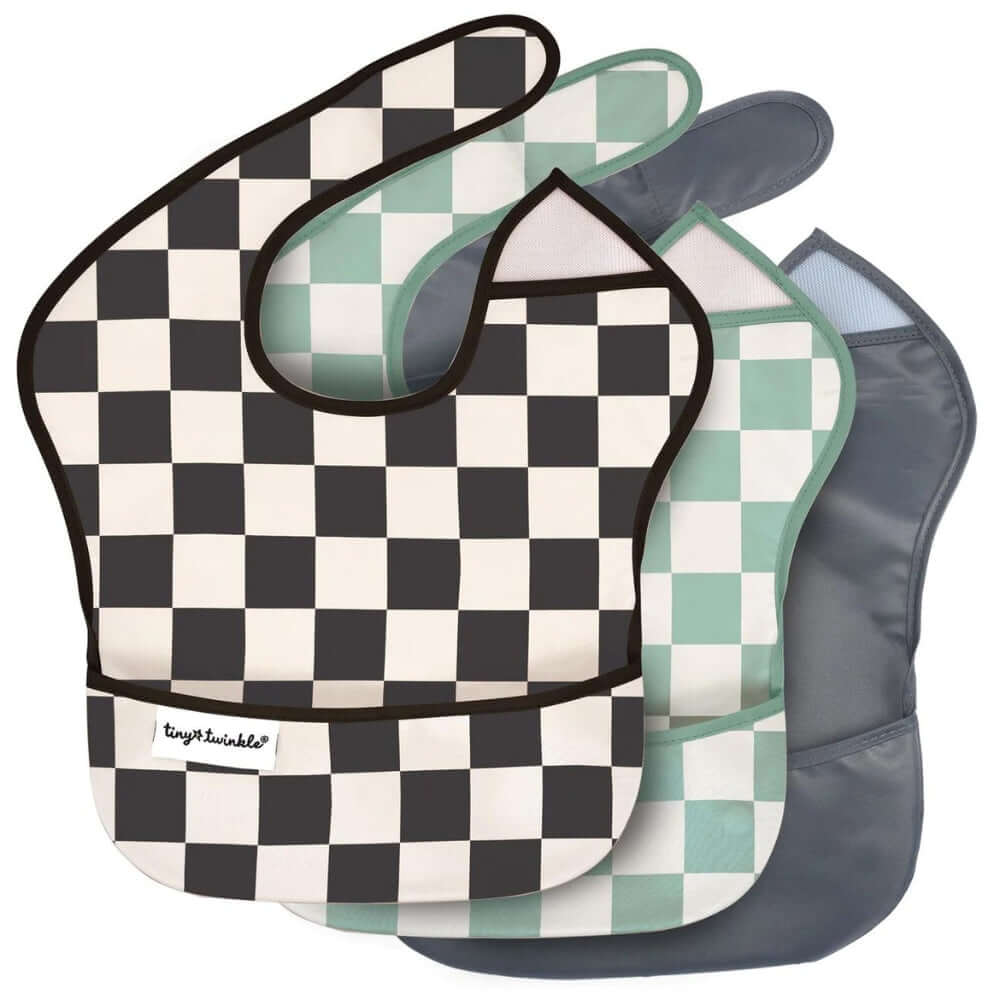 Tiny Twinkle - Mess - Proof Easy Bib 3 Pack - Black & Sage Checkers ...