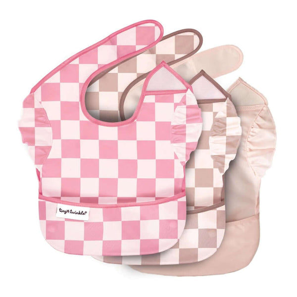 Tiny Twinkle - Mess - Proof Easy Bib 3 Pack - Pink & Beige Checkers-Panda Kids and Baby