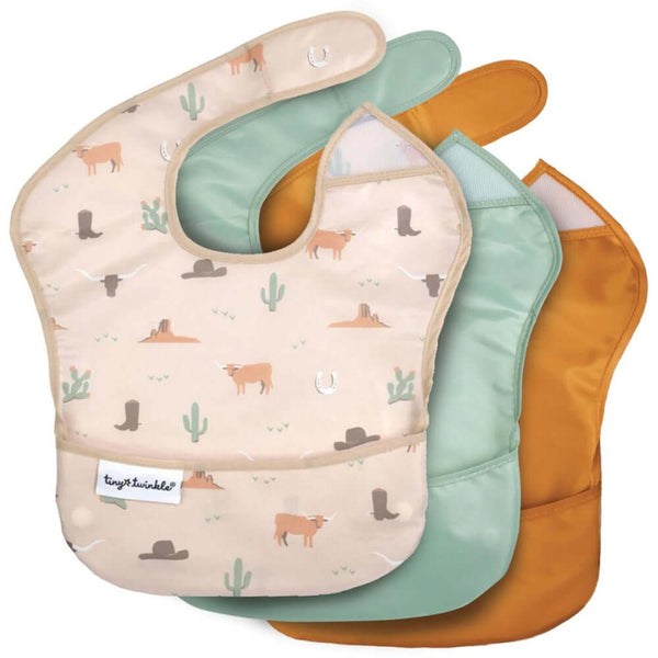 Tiny Twinkle - Mess - Proof Easy Bib 3 pack - Cowboy, Cinnamon, Sage-Panda Kids and Baby