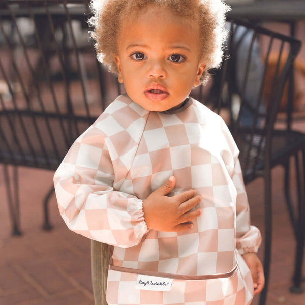 Tiny Twinkle - Mess - Proof Full Sleeve Bib - Beige Checkers-Panda Kids and Baby