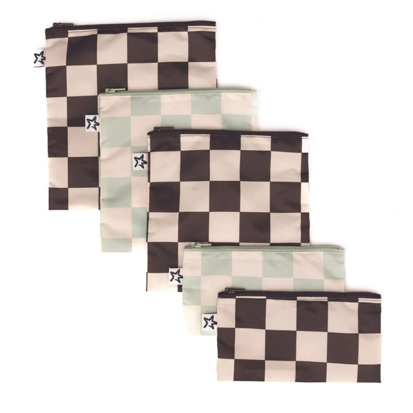 Tiny Twinkle - Mess-Proof Snack Bag 5 Pack - Black & Sage Checkers-Panda Kids and Baby