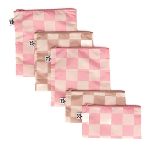 Tiny Twinkle - Mess-Proof Snack Bag 5 Pack - Pink & Beige Checkers-Panda Kids and Baby