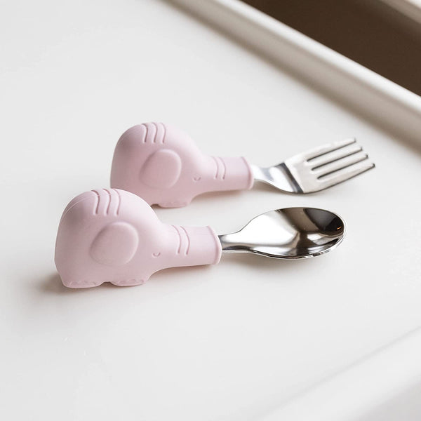 Tiny Twinkle - Silicone Stainless Training Utensils - Pink Elephant-Panda Kids and Baby