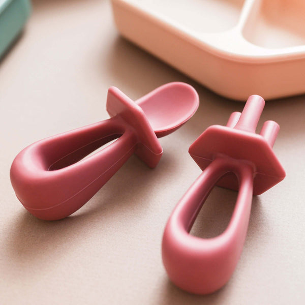 Tiny Twinkle - Silicone Training Utensils - Burgundy-Panda Kids and Baby